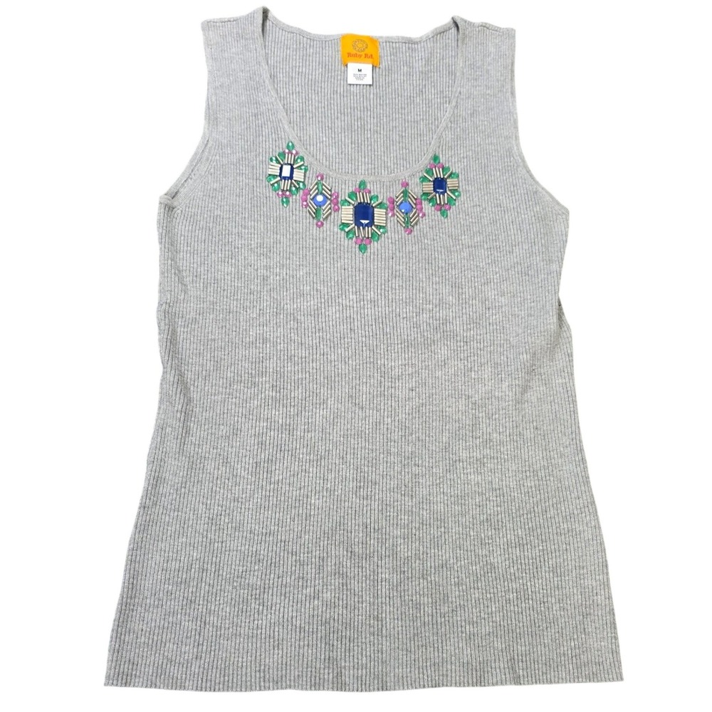 Ruby Rd Ribbed Embellished Beaded Tank Top Women's Size M Gray Scoop Neck